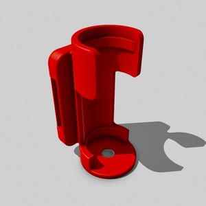 May include: A red plastic holder for a flashlight or other cylindrical object. The holder has a belt clip and a circular base.