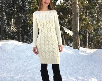 Aran sweater women, Merino wool dress women, Wool mini dress for winter, Merino wool sweater dress women, Cable knit dress