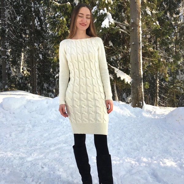 Pull Aran femmes, robe en laine mérinos femmes, mini robe en laine pour l’hiver, robe pull en laine mérinos femmes, robe en tricot câble