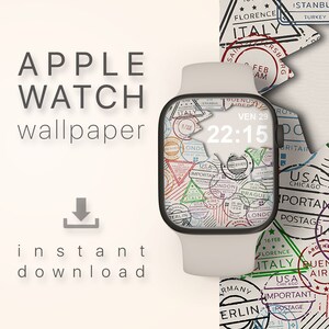 May include: A white Apple Watch with a black face. The watch face is a digital clock with the time 22:15. The watch face is surrounded by a pattern of colorful stamps with text and images. The text on the stamps includes the words "Florence", "Italy", "Istanbul", "London", "USA", "Important", "Postage", "Buenos Aires", "Ven 29", "Prague", "Approved", "1988", "Germany", "Berlin", "Argentina", "Air", "Chicago", "16 Feb", "Florence", "Italy", "USA", "Important", "Postage", "25 11".