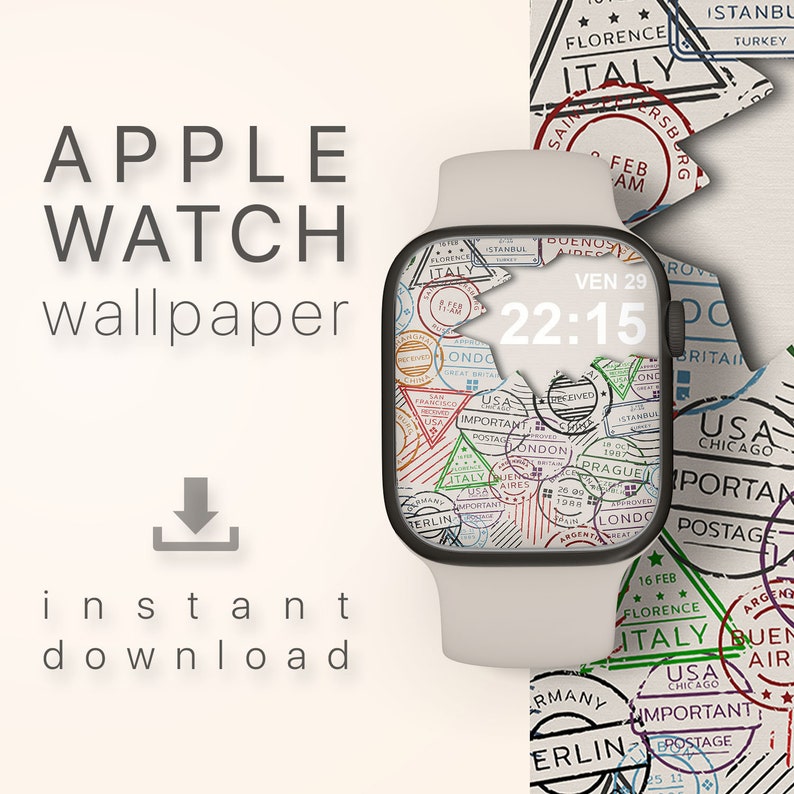 May include: A white Apple Watch with a black face. The watch face is a digital clock with the time 22:15. The watch face is surrounded by a pattern of colorful stamps with text and images. The text on the stamps includes the words "Florence", "Italy", "Istanbul", "London", "USA", "Important", "Postage", "Buenos Aires", "Ven 29", "Prague", "Approved", "1988", "Germany", "Berlin", "Argentina", "Air", "Chicago", "16 Feb", "Florence", "Italy", "USA", "Important", "Postage", "25 11".