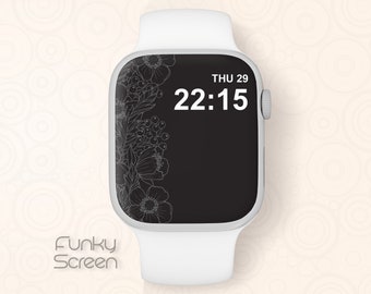 Black Floral Apple Watch Wallpaper: Line Art Design (Digital Download)