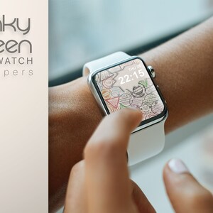 May include: A white smartwatch with a colorful, patterned watch face that displays the time as 22:15. The watch face is a map with various stamps and markings.