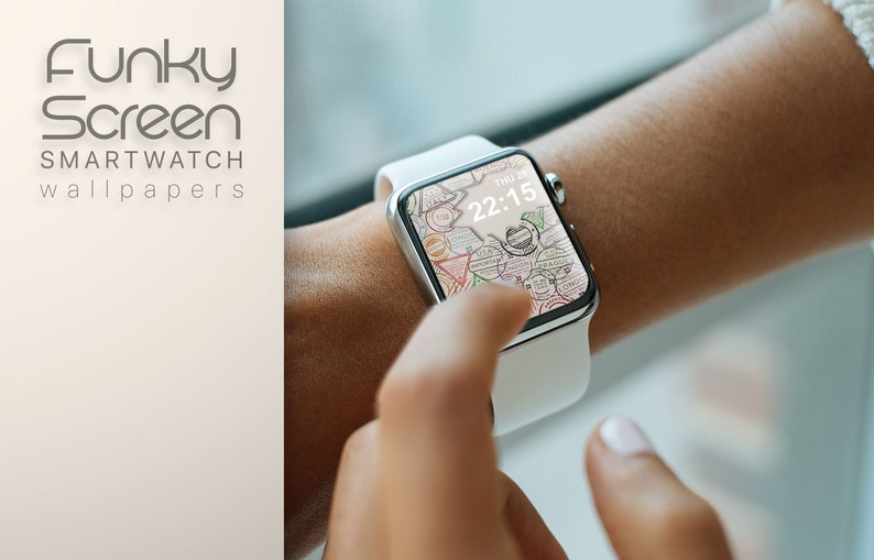 May include: A white smartwatch with a colorful, patterned watch face that displays the time as 22:15. The watch face is a map with various stamps and markings.