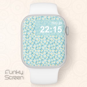 Simpatico sfondo floreale per Apple iWatch Stampa di margherite bianche Sfondo per Apple Watch Piccoli fiori Design del quadrante di Apple Watch Sfondo verde acqua Smartwatch