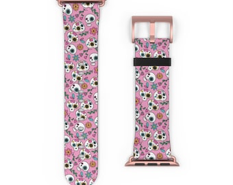 Sugar Scull watch band, Pink apple watch strap, Halloween Apple Watch Band, Faux Leather iWatch Series Ultra 1 2 3 4 5 6 7 8 9 SE watch band