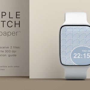 May include: A white Apple Watch with a blue and white geometric pattern wallpaper on the screen. The time is 22:15 and the date is Thu 29. The text "APPLE WATCH wallpaper&trade;" is visible on the left side of the image. The text "You will receive 2 files: 1 JPG file 300 dpi - installation guide" is also visible. The text "(*) also compatible with other smartwatches" is visible at the bottom of the image.