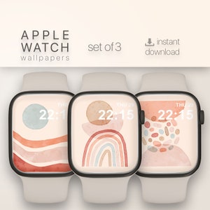 May include: Set of three Apple Watch wallpapers featuring abstract designs in shades of pink, orange, and blue. The designs include a rainbow, a circle, and a cluster of dots.