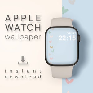 Może przedstawiać: Tapeta na Apple Watch z kolorowymi sercami na jasnoniebieskim tle. Tarcza zegarka wyświetla godzinę i datę. Obraz zawiera r&oacute;wnież tekst "APPLE WATCH wallpaper" i "instant download".