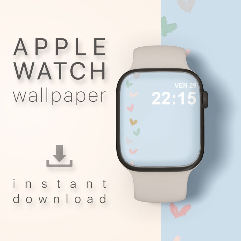 Może przedstawiać: Tapeta na Apple Watch z kolorowymi sercami na jasnoniebieskim tle. Tarcza zegarka wyświetla godzinę i datę. Obraz zawiera r&oacute;wnież tekst "APPLE WATCH wallpaper" i "instant download".