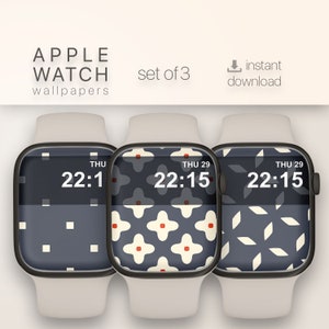 May include: Set of three Apple Watch wallpapers featuring different geometric patterns in shades of blue, white, and red. The time is displayed as 22:15 on each watch face.
