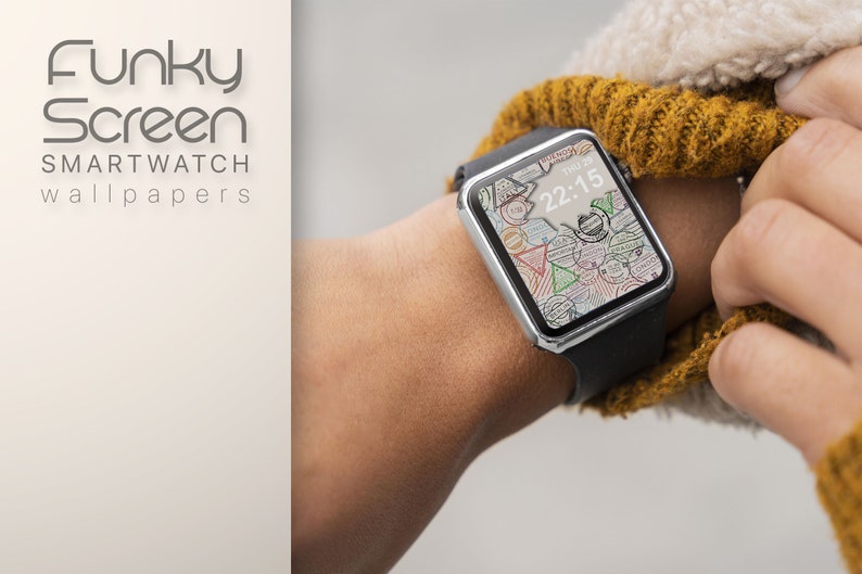May include: A smartwatch with a black band and a white face with a colorful, abstract design. The time is 22:15. The watch is on a person's wrist.