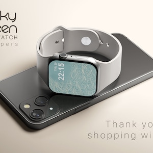 May include: A silver smartwatch with a white band rests on a dark gray smartphone. The watch face displays a teal and white patterned design with the time 22:15. The image includes the text "Funky Screen Smartwatch Wallpapers."