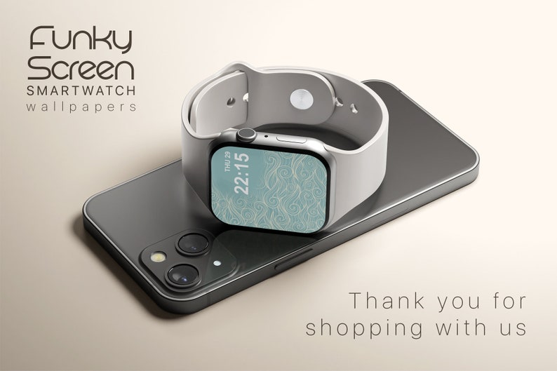 May include: A silver smartwatch with a white band rests on a dark gray smartphone. The watch face displays a teal and white patterned design with the time 22:15. The image includes the text "Funky Screen Smartwatch Wallpapers."