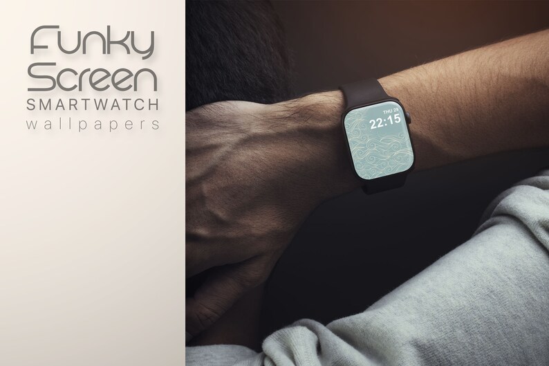 May include: A smartwatch with a light blue screen displaying the time, 22:15, and a decorative pattern. The watch has a dark brown band and is on a person's wrist. The image also includes the text "Funky Screen SMARTWATCH wallpapers".