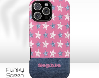 Cute summer custom name phone case, Personalized Denim jeans and pink Custom Name Tough Case for iPhone 16 Plus 15 14 13 12 11 Pro Max Mini