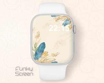Boho Feather Apple Watch Face, Neutral Floral Watch Face, Feathers Watch Background, Beige Blue Watercolor Digital Download for Apple Watch