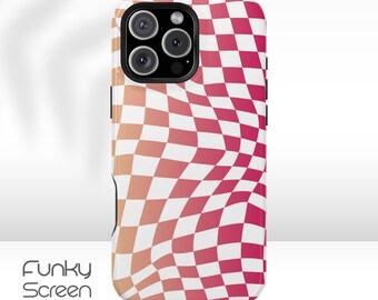 Pink checkered phone case for iPhone 16 Plus 15 14 13 12 11 Pro Max, Trendy Girly Aesthetic, Cute peach  wavy Checkerboard Retro Phone Case
