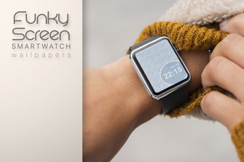 May include: A smartwatch with a black band and a white and blue patterned watch face. The watch face displays the time as 22:15 and the day as THU 29.