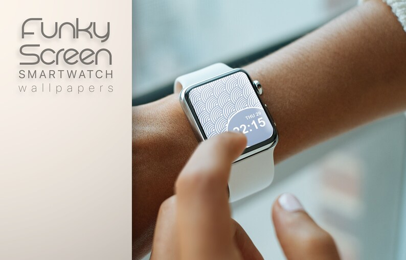 May include: A white smartwatch with a geometric pattern wallpaper on the screen. The time is displayed as 22:15 and the date is shown as THU 29.
