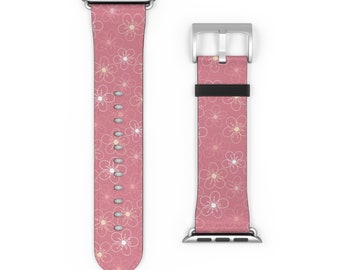 Pink iWatch Band 38mm 40mm 41mm 42mm 44mm 45mm, Apple Watch Series 1 2 3 4 5 6 7 8 9 Ultra SE Floral Watch band Replacement in vegan leather