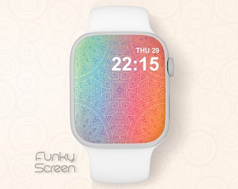 Fondo de pantalla colorido de la esfera del Apple Watch, fondo de pantalla de mandala para reloj inteligente, fondo de pantalla de arcoíris para reloj inteligente, diseño étnico de la esfera del iWatch, fondo de arcoíris, descarga instantánea