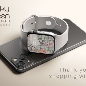 May include: A white smartwatch with a colorful patterned watch face displaying the time 22:15. The smartwatch is on top of a black smartphone with a triple camera lens. The text "Funky Screen SMARTWATCH wallpapers" is at the top of the image and the text "Thank you for shopping with us" is at the bottom of the image.