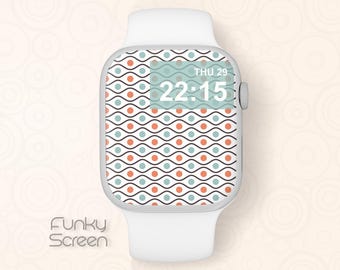 May include: A white smartwatch with a blue and orange wavy pattern on the screen. The time is displayed as 22:15 and the day is shown as THU 29.