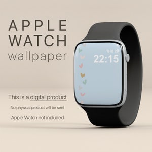 Może przedstawiać: Srebrny Apple Watch z czarnym paskiem, wyświetlający jasnoniebieską tapetę z kolorowymi kształtami serc. Na ekranie wyświetlana jest data i godzina. Tekst na obrazku brzmi "APPLE WATCH wallpaper" i "This is a digital product."