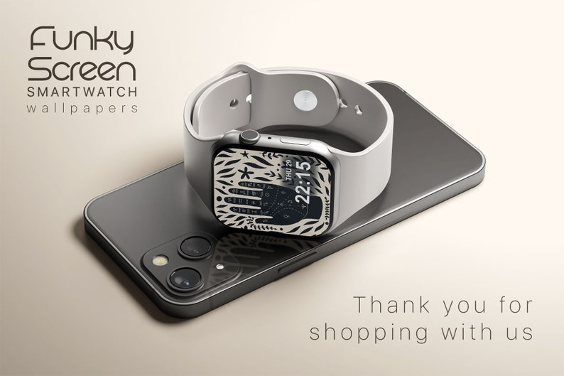 Puede incluir: Un smartwatch blanco con una esfera de reloj con estampado en blanco y negro que dice "Funky Screen" y "SMARTWATCH wallpapers". El reloj est&aacute; encima de un tel&eacute;fono inteligente negro.