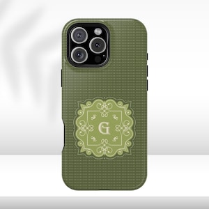 Funda de teléfono personalizada verde con letra inicial, funda de teléfono con monograma personalizado para iPhone 16 Pro, iPhone 15 Pro Max, iPhone 14 13 12 11 Plus