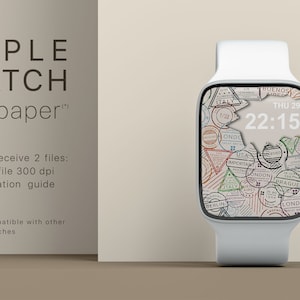 May include: A white Apple Watch with a colorful travel-themed watch face. The watch face features a variety of stamps from different countries, including London, Paris, and Tokyo. The time is displayed as 22:15. The watch is on a white band and is sitting on a brown surface. The text "APPLE WATCH wallpaper&trade;" is displayed above the watch.