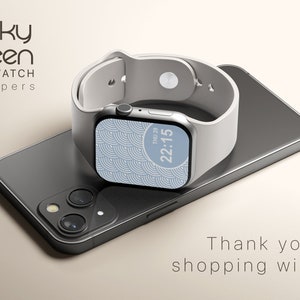 May include: A white smartwatch with a blue and white patterned watch face displaying the time 22:15. The watch is on top of a black smartphone with a triple camera lens. The text "Funky Screen" and "SMARTWATCH wallpapers" is displayed above the watch.