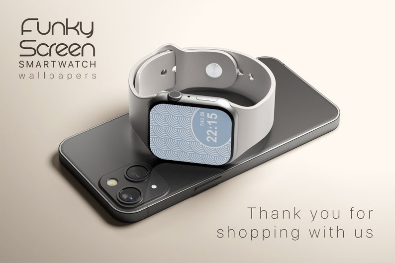 May include: A white smartwatch with a blue and white patterned watch face displaying the time 22:15. The watch is on top of a black smartphone with a triple camera lens. The text "Funky Screen" and "SMARTWATCH wallpapers" is displayed above the watch.