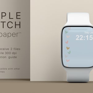 Może przedstawiać: Biały smartwatch z jasnoniebieską tapetą z kolorowymi sercami i godziną 22:15. Zegarek jest wyświetlany obok tekstu "APPLE WATCH wallpaper" oraz szczeg&oacute;ł&oacute;w dotyczących dołączonych plik&oacute;w.