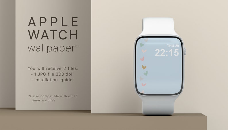 Może przedstawiać: Biały smartwatch z jasnoniebieską tapetą z kolorowymi sercami i godziną 22:15. Zegarek jest wyświetlany obok tekstu "APPLE WATCH wallpaper" oraz szczeg&oacute;ł&oacute;w dotyczących dołączonych plik&oacute;w.