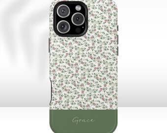 Floral custom phone case for her, Personalized cottagecore phone cover for iphone 16 Pro Max 15 Plus 14 13 12 olive green custom name cases