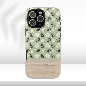 Sage green Custom floral phone case for iphone 16 Pro 15 Plus 14 Pro Max 13 Mini 12 Chic custom name phone cover, Personalized gift for wife
