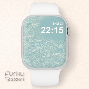 May include: White smartwatch with a teal and cream wave pattern on the screen. The time displayed is 22:15 on Thursday the 29th. The brand name "Funky Screen" is at the bottom of the watch.