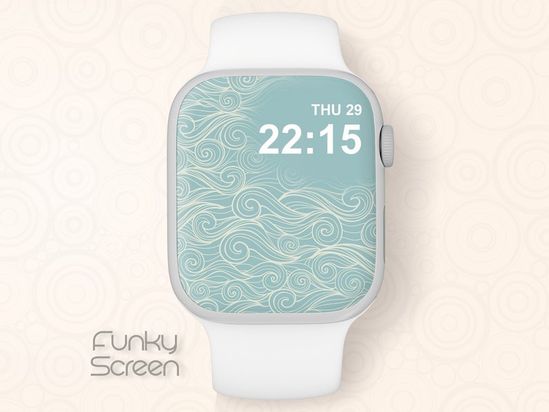 May include: White smartwatch with a teal and cream wave pattern on the screen. The time displayed is 22:15 on Thursday the 29th. The brand name "Funky Screen" is at the bottom of the watch.