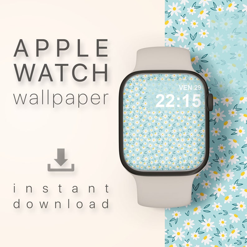 K&ouml;nnte beinhalten: Eine wei&szlig;e Apple Watch mit einem blauen und wei&szlig;en Blumenmuster auf dem Zifferblatt. Das Zifferblatt zeigt die Uhrzeit 22:15 und das Datum VEN 29. Der Text "APPLE WATCH wallpaper" und "Sofort-Download" ist auf dem Bild zu sehen.