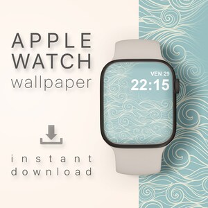 May include: An Apple Watch with a light blue wave pattern wallpaper. The watch face displays the time as 22:15 and the date as VEN 29. The image also includes the text "APPLE WATCH wallpaper" and "instant download".