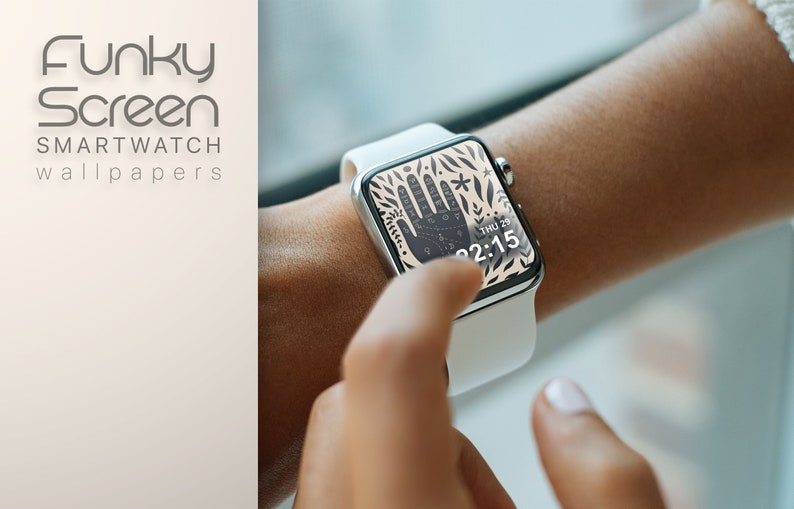 Puede incluir: Un smartwatch blanco con una esfera de reloj con un patr&oacute;n en blanco y negro que presenta una mano con l&iacute;neas y una estrella. La esfera del reloj tambi&eacute;n muestra la fecha y la hora, "THU 29" y "02:15".