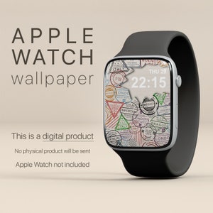 May include: A digital Apple Watch wallpaper featuring a black watch face with a white background and a design of colorful stamps from around the world. The time is 22:15 and the date is Thu 29.