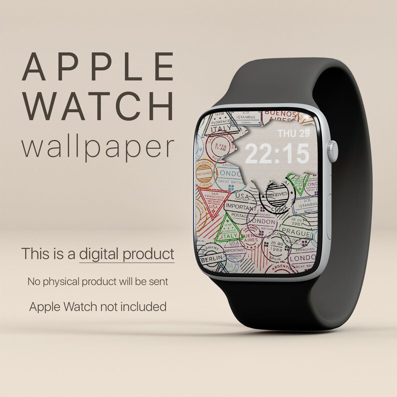 May include: A digital Apple Watch wallpaper featuring a black watch face with a white background and a design of colorful stamps from around the world. The time is 22:15 and the date is Thu 29.