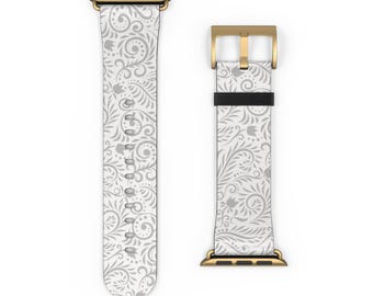 Gray Apple Watch Strap, Classy iWatch band, Vegan Leather Watch Band, Minimal floral apple watch band, iWatch band, 38mm 40mm 41mm 42mm 44mm