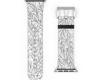 Pulseira estilosa para Apple Watch em couro branco, design estético de pequenas folhas em preto e branco, Apple Watch Ultra, pulseira minimalista para Apple Watch