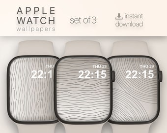 ミニマリストなApple Watchの文字盤3枚セット、ニュートラルな抽象ラインの壁紙、モダンなジャパンディ風のウォッチフェイスのデジタルダウンロード