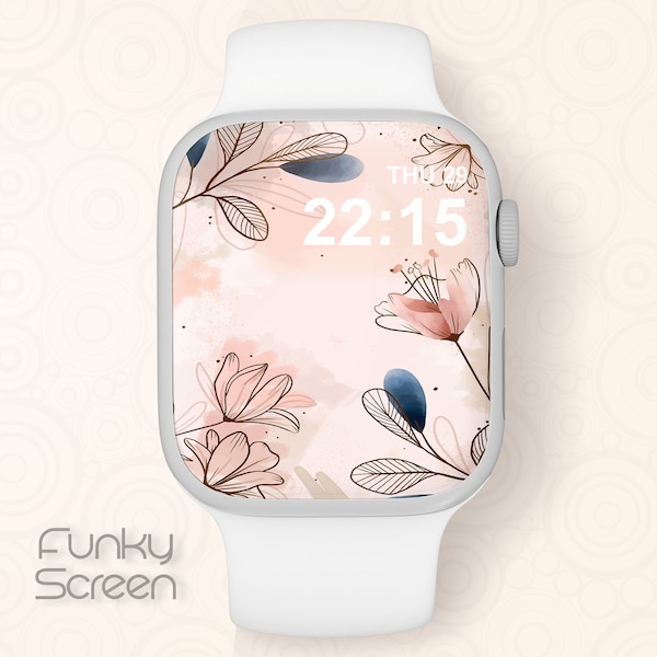 Fond d'écran esthétique pour Apple Watch, papier peint à fleurs, écran iWatch, visage d'Apple Watch, dessin au trait de fleurs botaniques à l'aquarelle, papier peint pour montre connectée