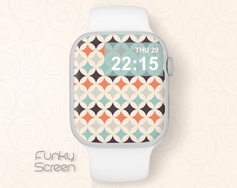 May include: White smartwatch with a geometric pattern watch face. The time is 22:15 and the date is THU 29.